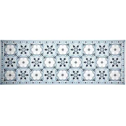 Tapis vinyle motif carreau de ciment bleu azur et blanc 70x190cm