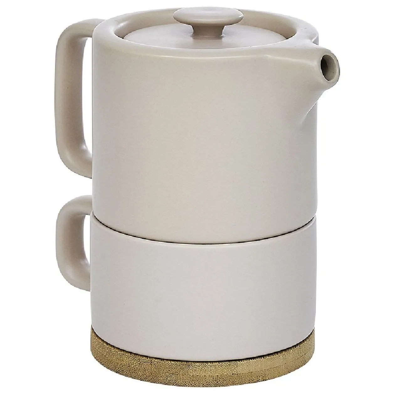 Tisanière 40cl et tasse 25cl grès taupe avec support bambou
