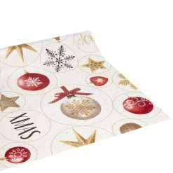 Toile cirée motifs guirlande boules de Noël rouge 140cm