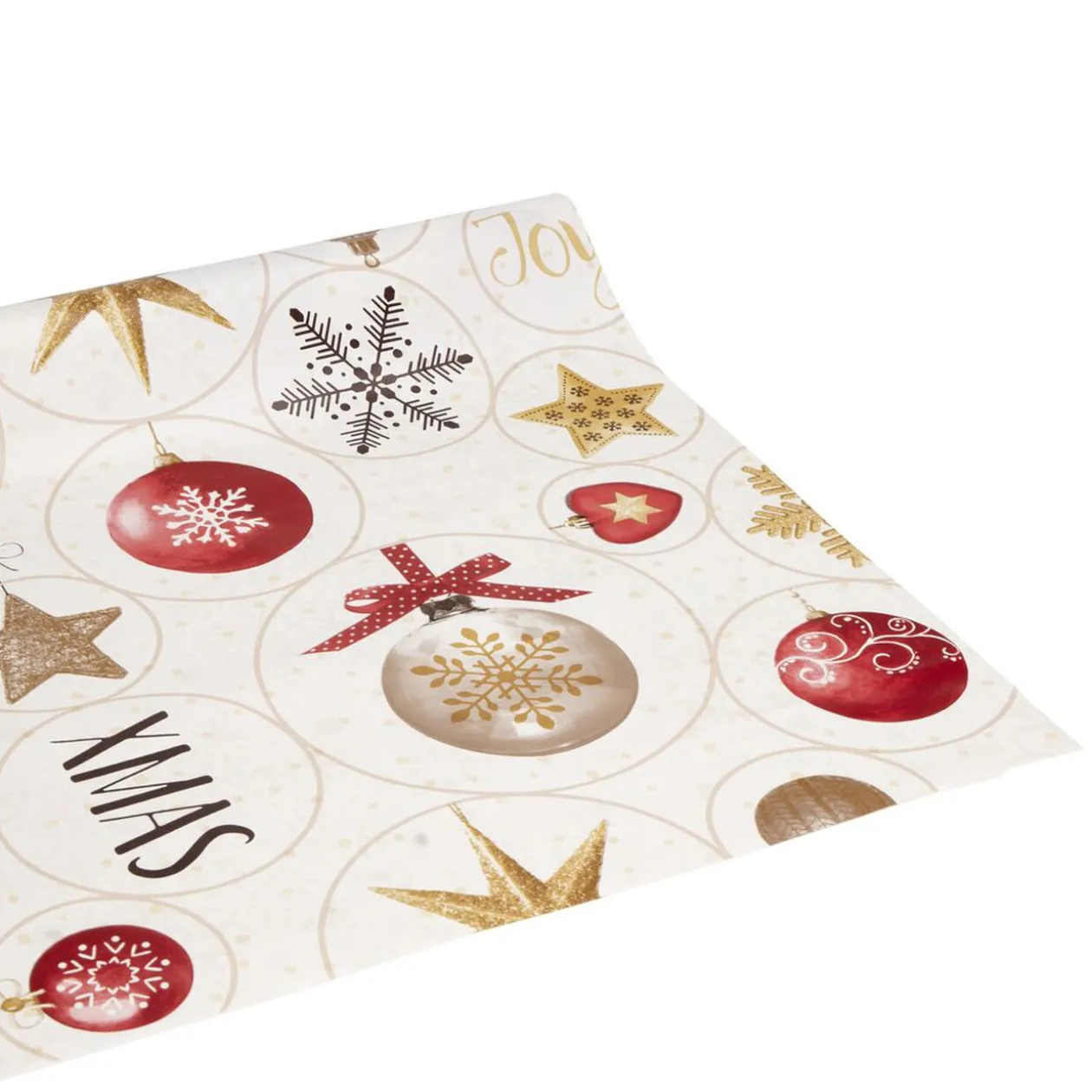 Toile cirée motifs guirlande boules de Noël rouge 140cm