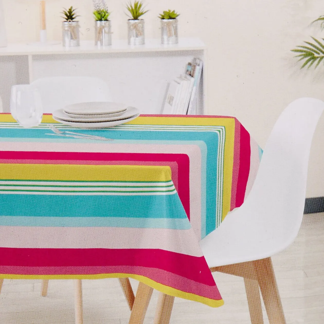 Toile cirée rayée bayadère rose bleu jaune