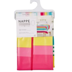 Toile cirée rayée bayadère rose bleu jaune