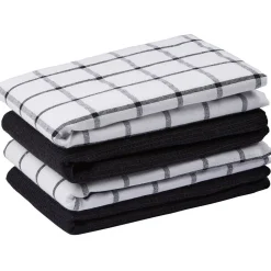 Torchon en coton uni et imprimé noir et blanc x4