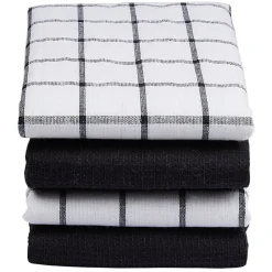 Torchon en coton uni et imprimé noir et blanc x4