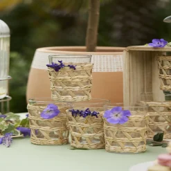 Verre haut transparent avec raphia Ø8xH12,5cm