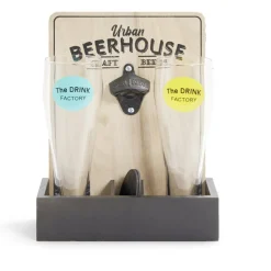 Verres à bière 50cl x2 avec support décapsuleur et 2 sous verres