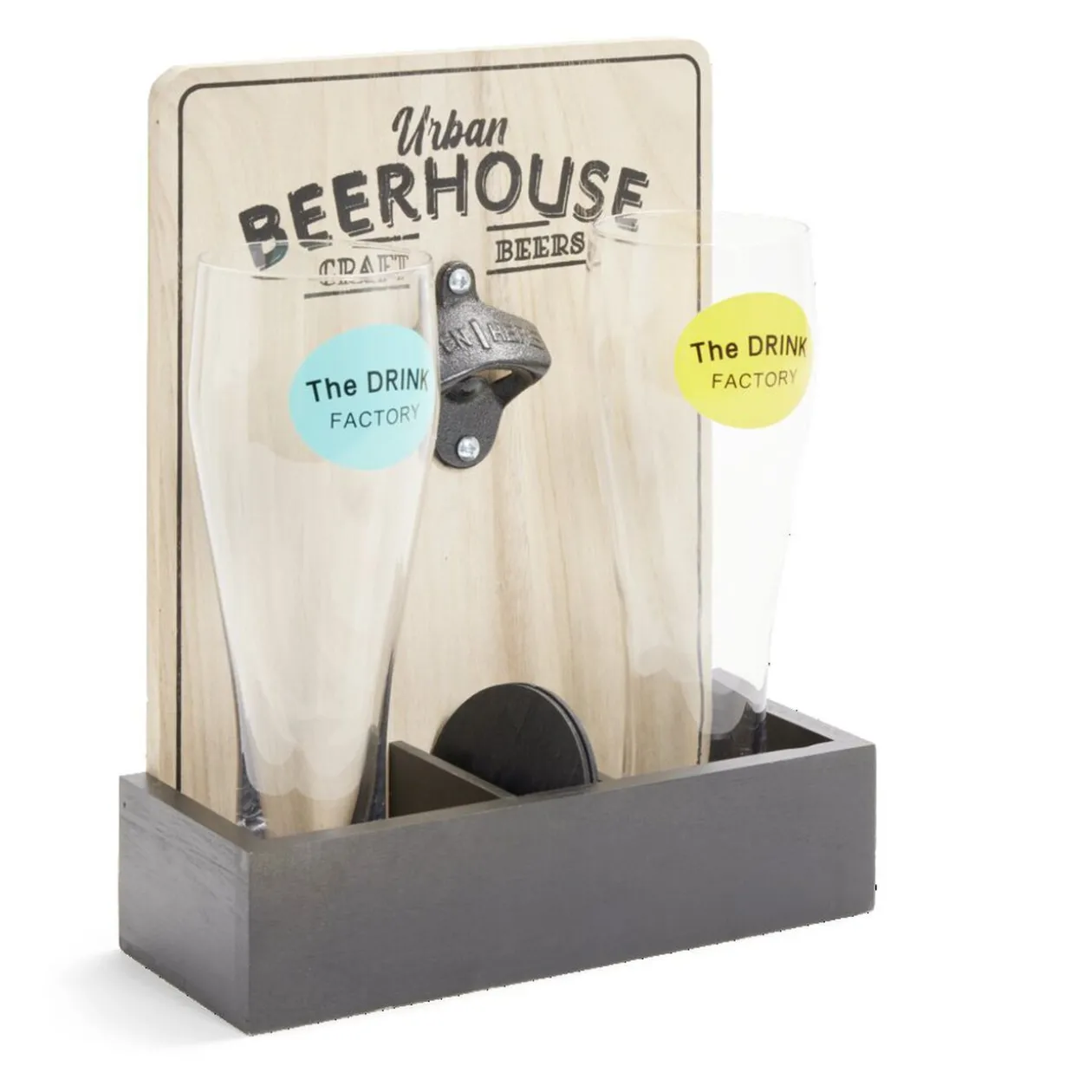 Verres à bière 50cl x2 avec support décapsuleur et 2 sous verres