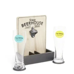 Verres à bière 50cl x2 avec support décapsuleur et 2 sous verres