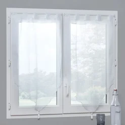 Vitrage à pattes voile uni blanc finition pointe pompon 60x120 cm x2