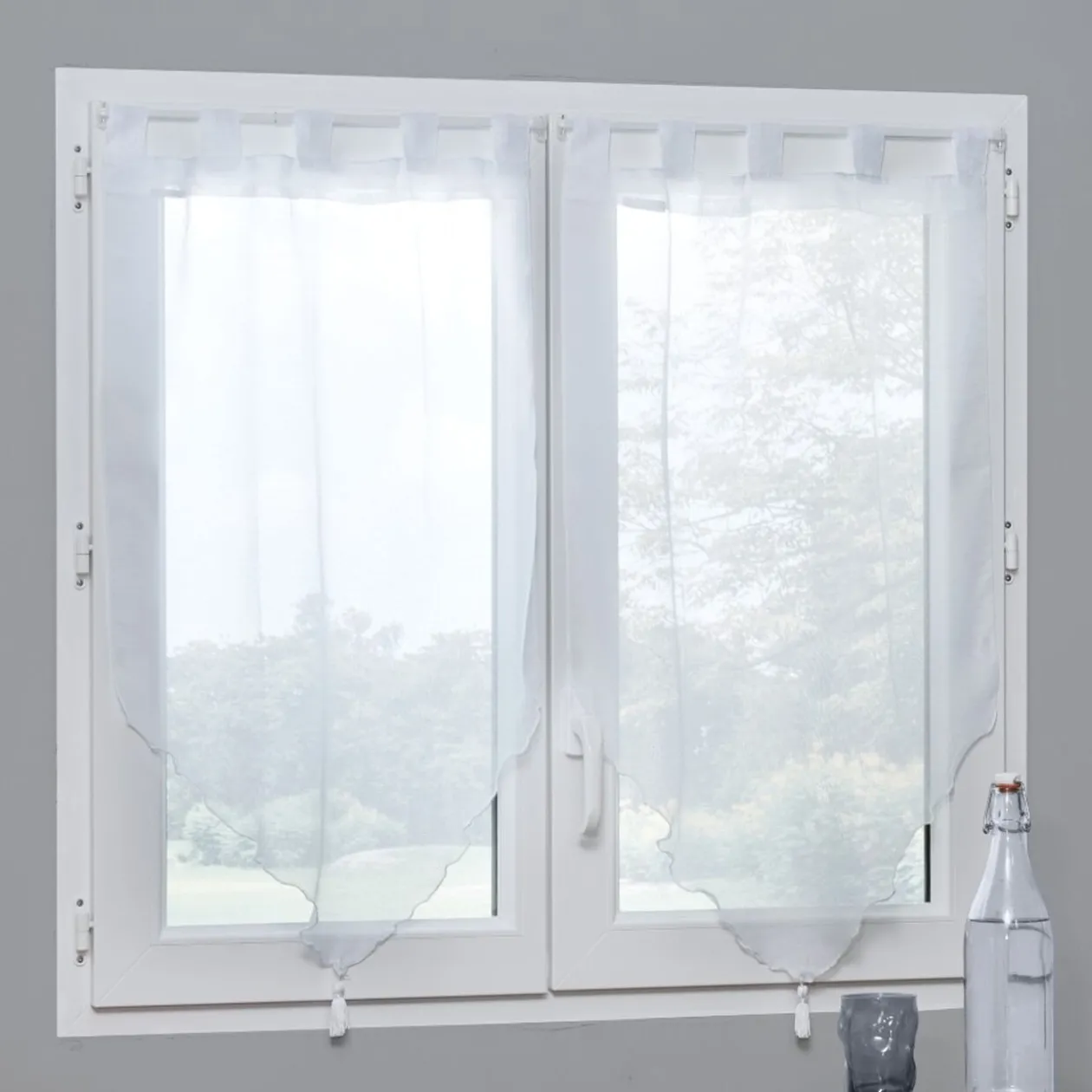 Vitrage à pattes voile uni blanc finition pointe pompon 60x120 cm x2