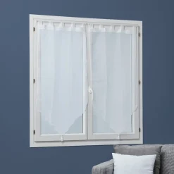 Vitrage à pattes voile uni blanc finition pointe pompon 60x120 cm x2