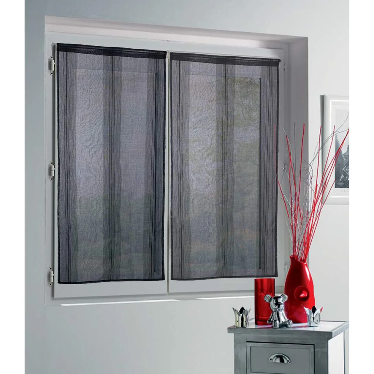 Vitrage droit passe tringle uni noir 60x120 cm x2