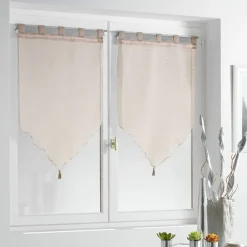 Vitrage passe tringle voile uni taupe pointe pompon 60x160cm x2