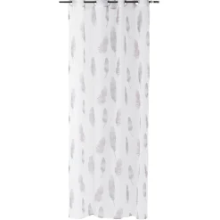 Voilage à oeillets blanc motifs plumes roses et grises