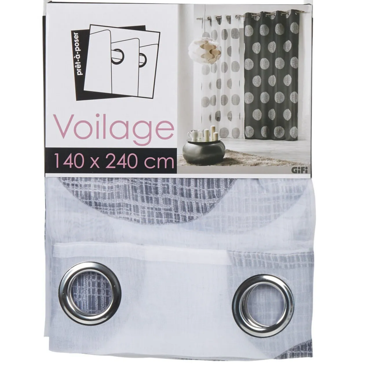 Voilage à oeillets blanc motifs ronds anthracites