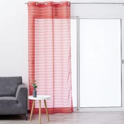 Voilage à oeillets rouge rayures horizontales transparentes