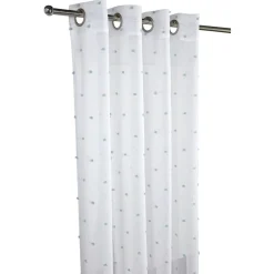 Voilage à oeillets uni blanc avec pompon bleu 140x240cm