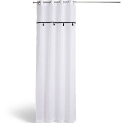 Voilage 140x240cm polyester blanc à pompons noirs